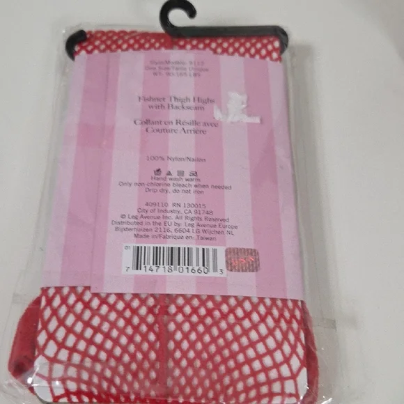 Red Leg Avenue fishnet thigh-high stockings featuring a backseam and lace top.  - Picture 3 of 3